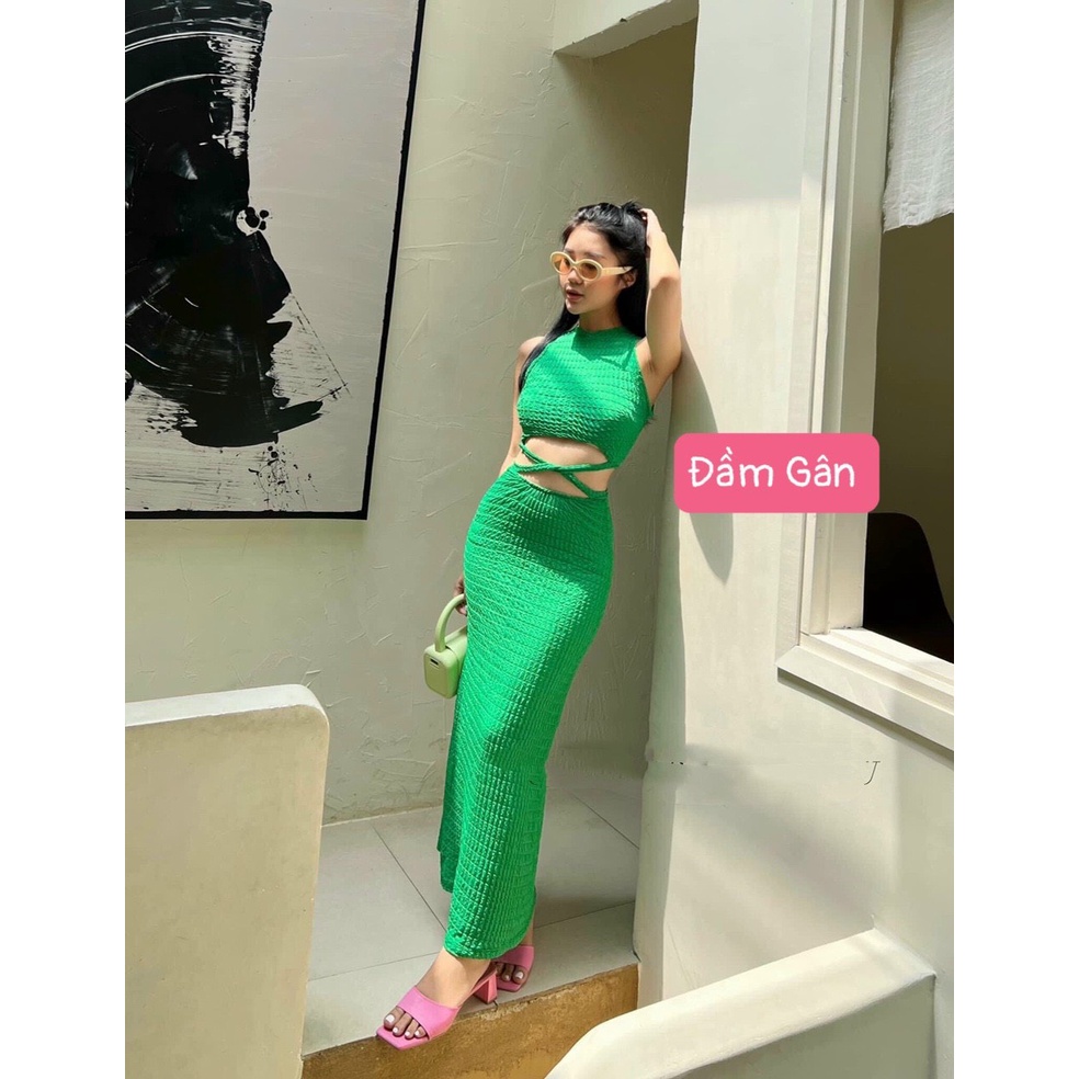 Đầm body midi dáng dài thun gân cổ tròn ba lỗ sát nách phối khoét eo đan dây sexy