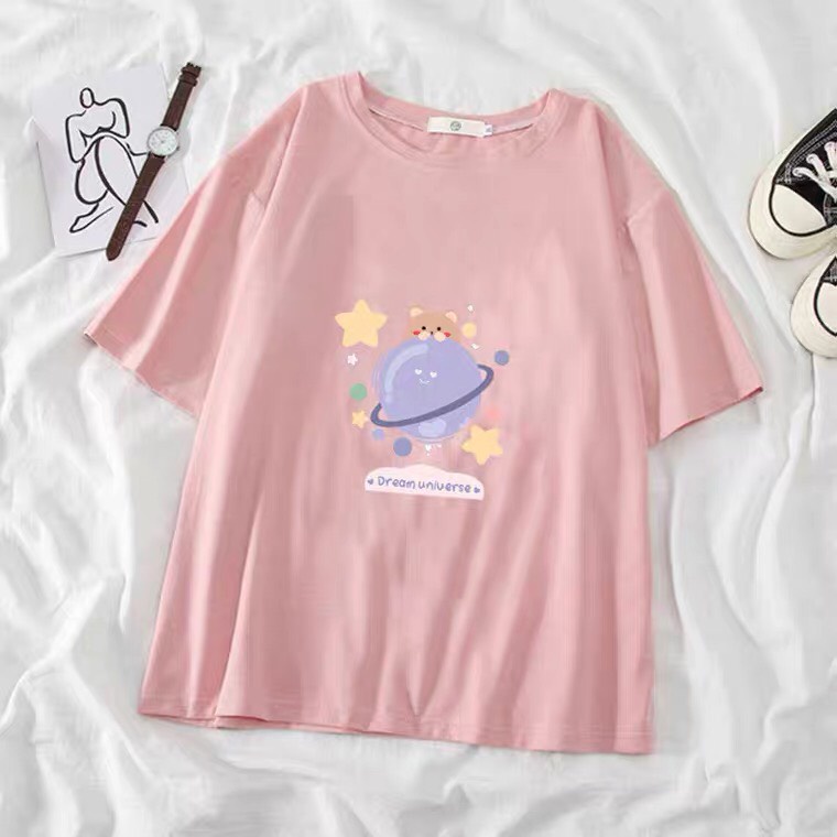 Sét áo Phông hành tinh gấu + quần kẻ màu, Áo thun from rộng, mặc cho Nam và nữ chất đẹp, Sét bộ mặc ở nhà - AD
