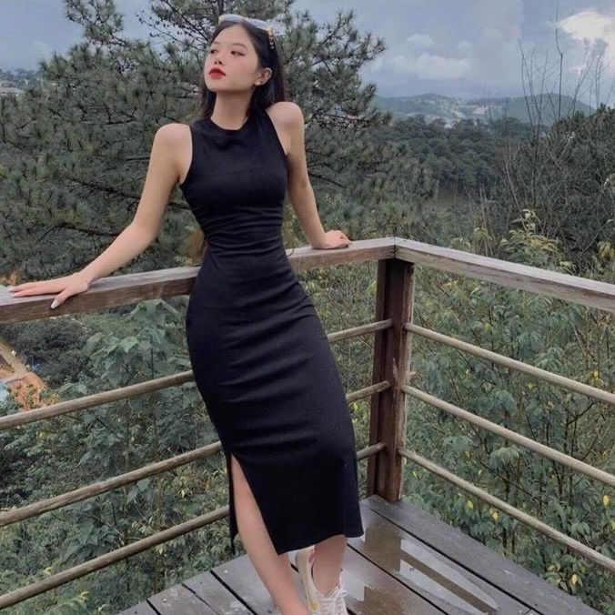 Đầm body nữ - Váy body len tăm sát nách dài tay xẻ tà form ôm vải giãn quyến rũ Thu Đông