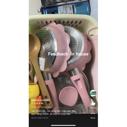Bộ nồi chảo men đá chống dính, kèm hấp hình bông hoa nấu đồ ăn dặm cho bé dùng được bếp từ-Ỉn House