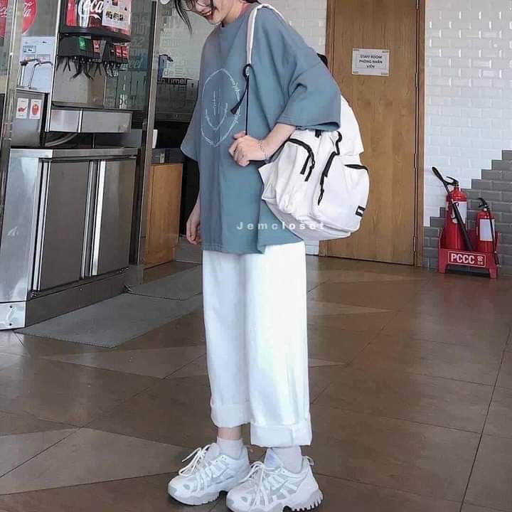 Sét đồ nữ đi chơi áo phông mặt cười + quần kaki ống rộng cạp chun lưng cao phong cách Hàn Quốc