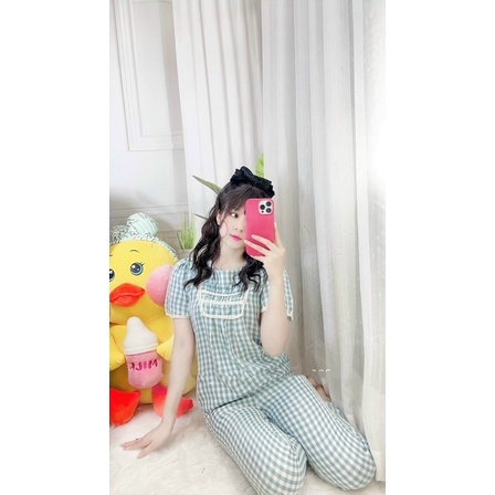 Bộ ngủ mặc nhà mẫu kẻ nhiều màu viền ren siêu mát áo cộc quần mùa hè