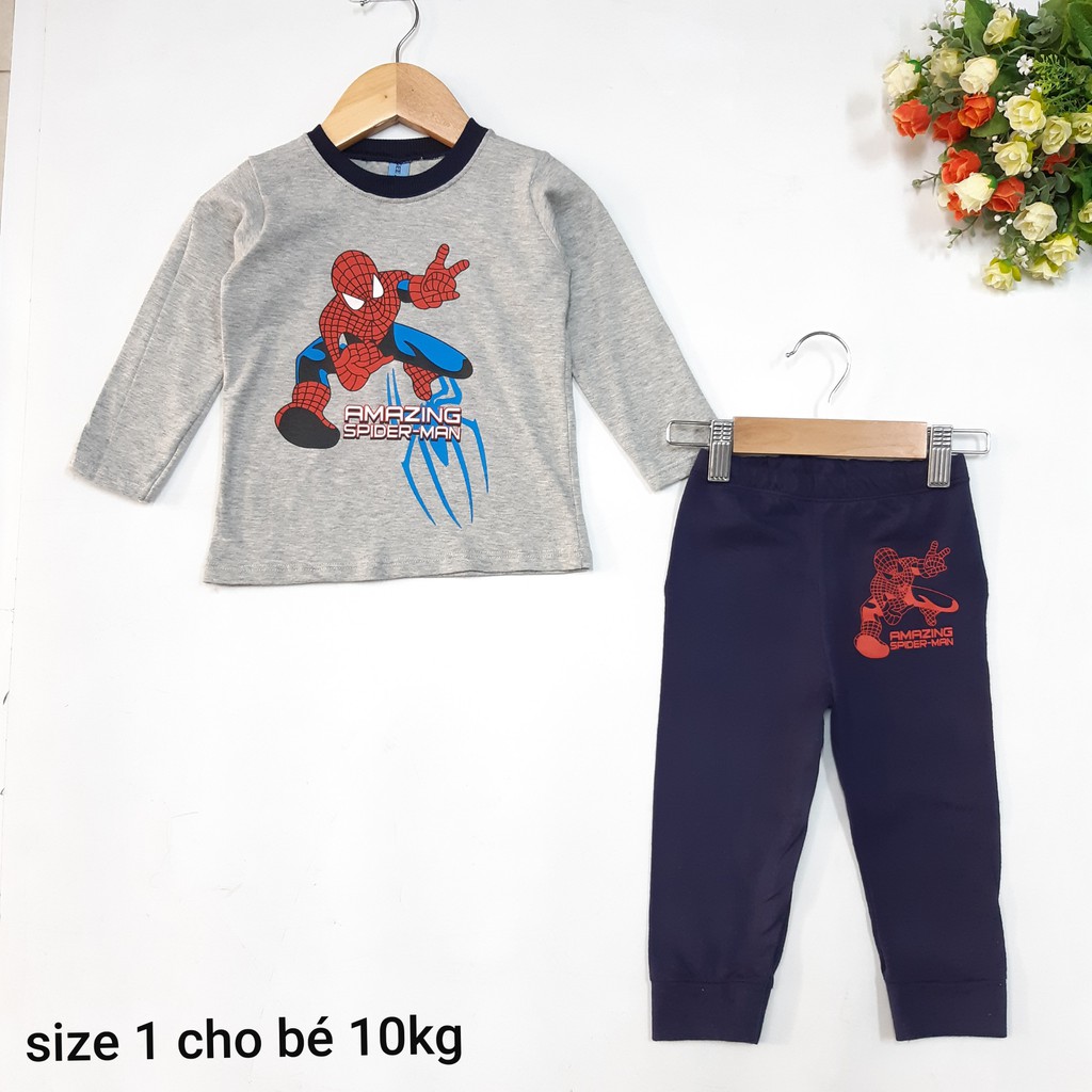 DG59-BT-03- Bộ tay dài bé trai, chất thun co giãn, in hình siêu nhân, size cho bé 10kg, made in Việt Nam