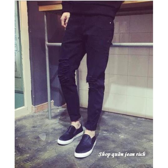 jeans đen phun rách kiểu
