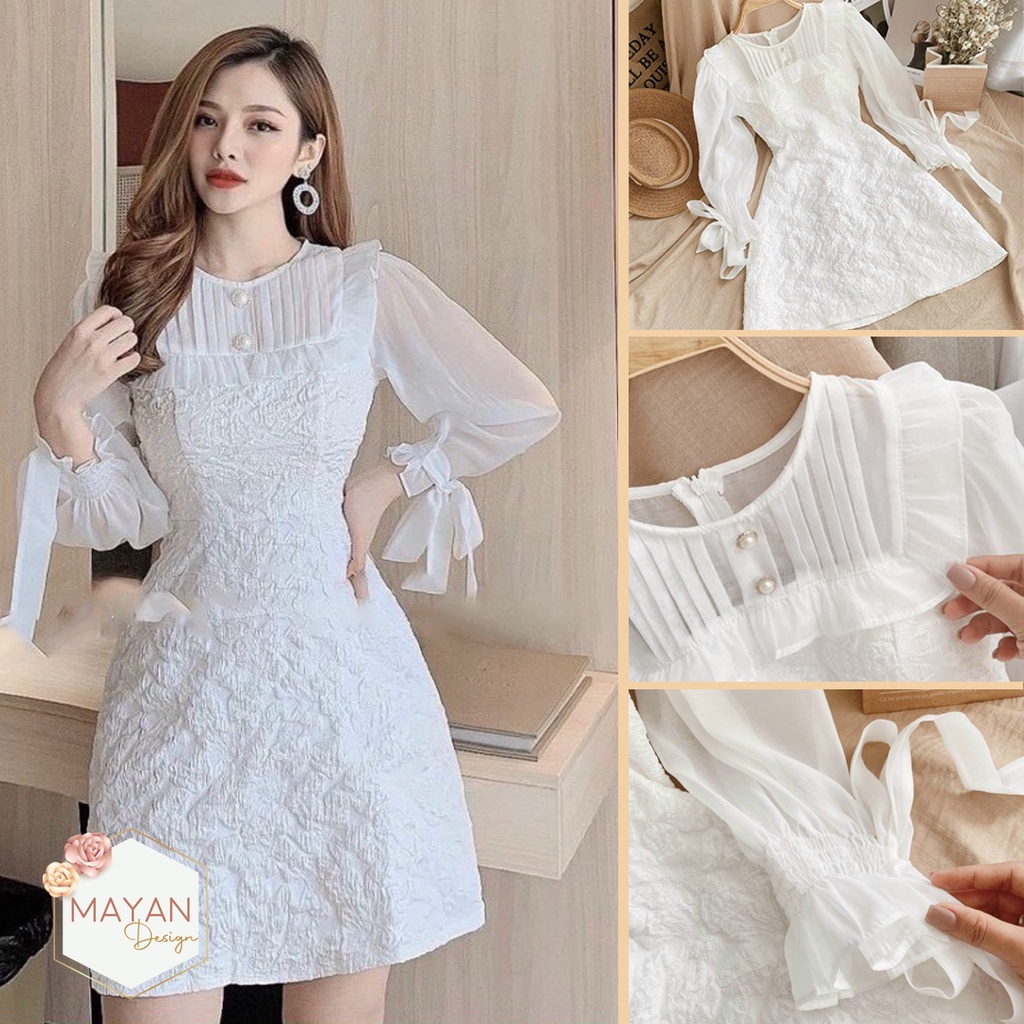ĐẦM GẤM PHỐI CỔ VOAN TRẮNG XẾP LI TAY PHỒNG