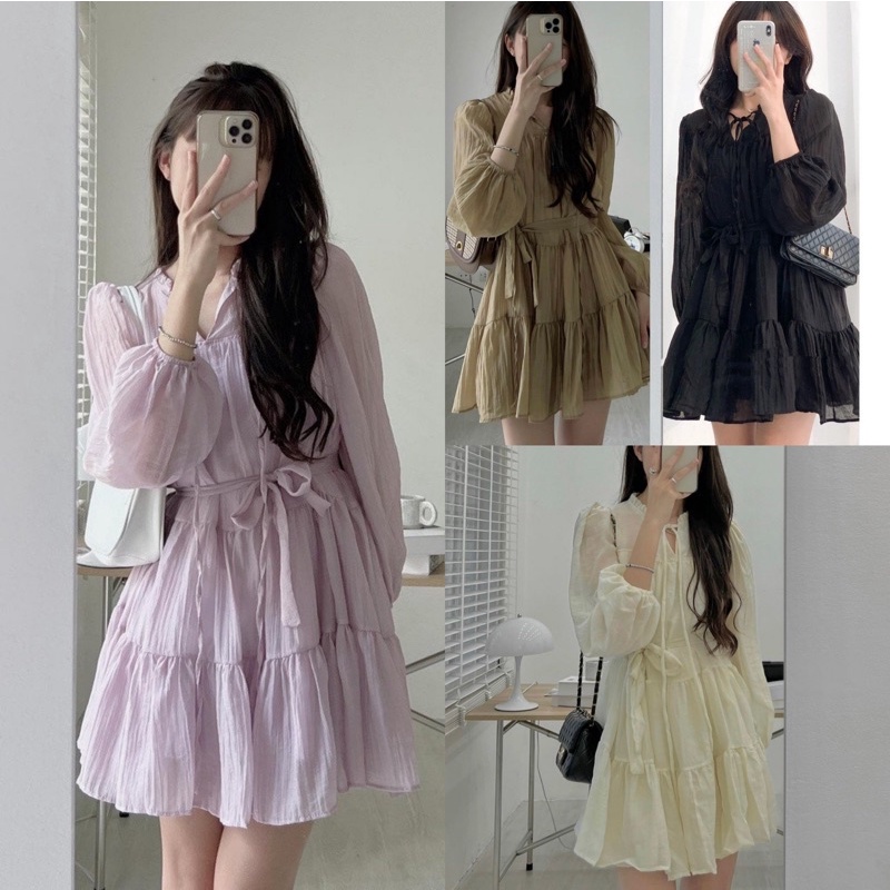 Váy tơ babydoll hai lớp dáng xòe kèm đai thắt eo cực xinh