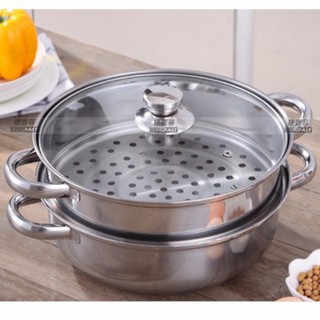 Nồi hấp inox 2 tầng kèm lẩu - vung kính 28cm