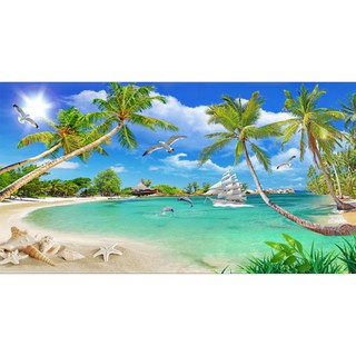 Tranh dán tường 3D thuận buồm xuôi gió cảnh biển - vải lụa kim tuyến
