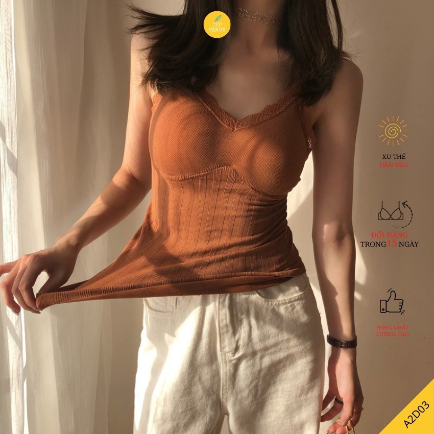 Áo Hai Dây Cotton Viền Ren Sexy - Mút Tháo Rời Tep Fashion - A2D101
