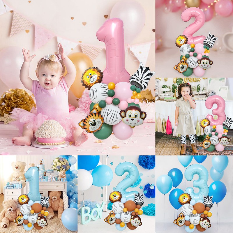 Bộ 34 Bong Bóng Hình Số 1-3 Màu Xanh/Hồng Dùng Để Trang Trí Tiệc Sinh Nhật Cho Bé 1-3 Tuổi