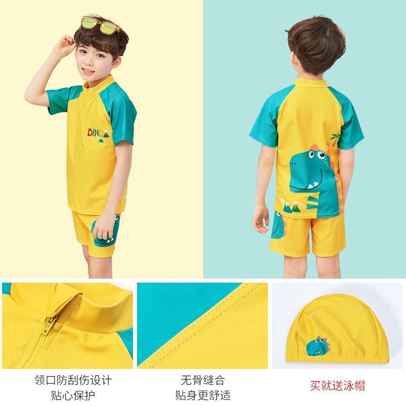 Đồ bơi cao cấp phong cách Hàn Quốc cho bé trai màu vàng hình khủng long cho bé từ 1-10 tuổi có kèm mũ