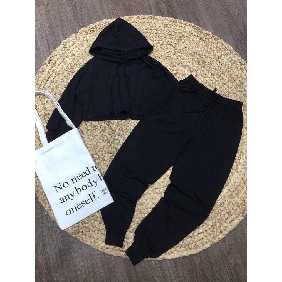 166B1 Set bộ thể thao áo croptop tay phồng và quần nỉ jogger siêu cá tính sporty girl