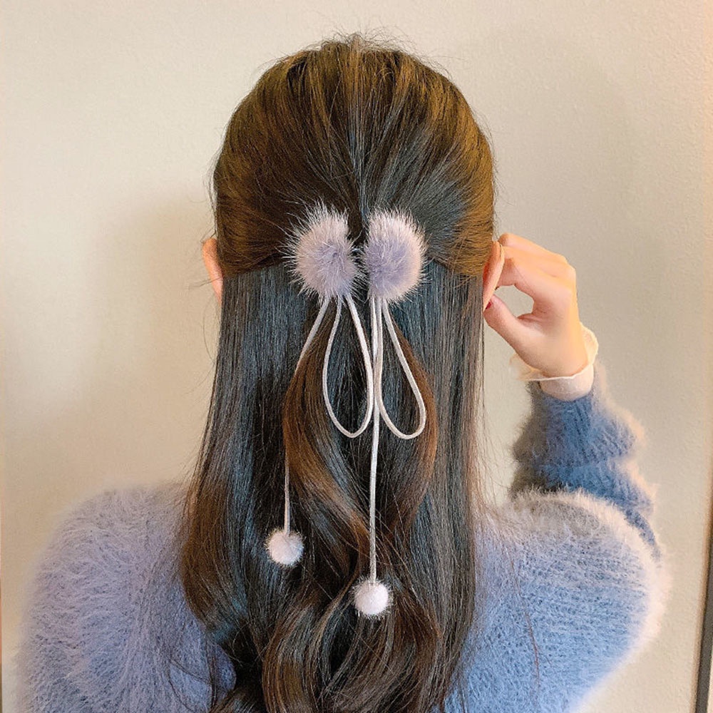 Kẹp Tóc Nơ Phối Lông Tua Rua Phong Cách retro Thời Trang Cho Nữ