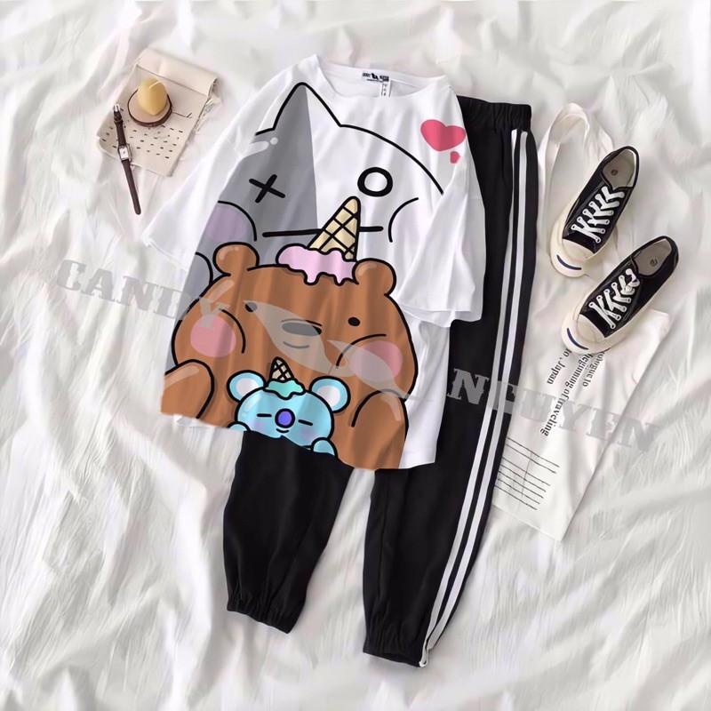 Set Bộ Quần Áo Thời Trang Nữ Ngắn Tay , Áo Cotton In 3D Hai Mẹ Con Thỏ Mix Quần Thun Bo Gấu Màu