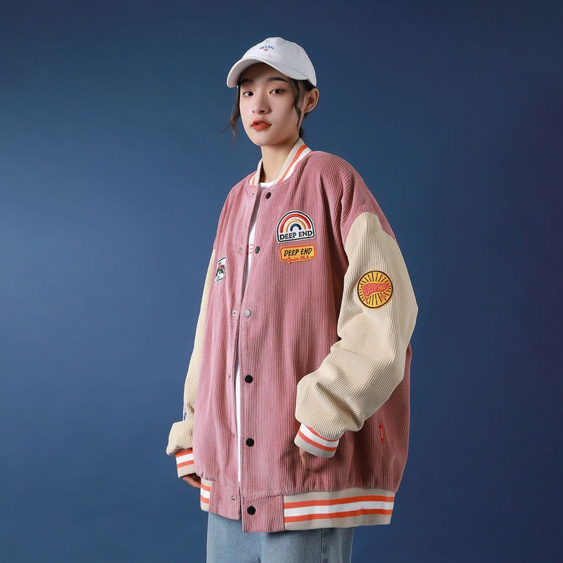 ÁO KHOÁC NHUNG TĂM RAPLAN Thêu DEEP END Hot - BOMBER Cúc Bấm Sọc Cầu Vồng Hồng Xanh phối thân Be | BigBuy360 - bigbuy360.vn