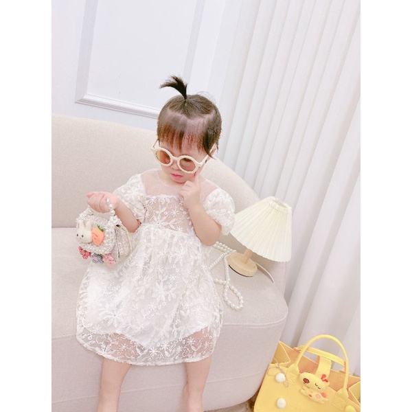 Váy ren trắng bé gái- Đầm công chúa cho bé chất ren thêu hoa mềm mại size 9 - 22ky