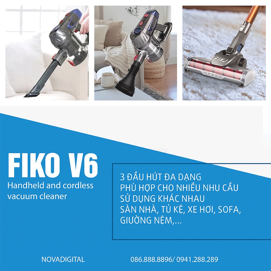 Máy hút bụi cầm tay không dây FIKO V6 - Đa năng cho gia đình, hút giường đệm nệm sofa xe hơi với lực hút mạnh