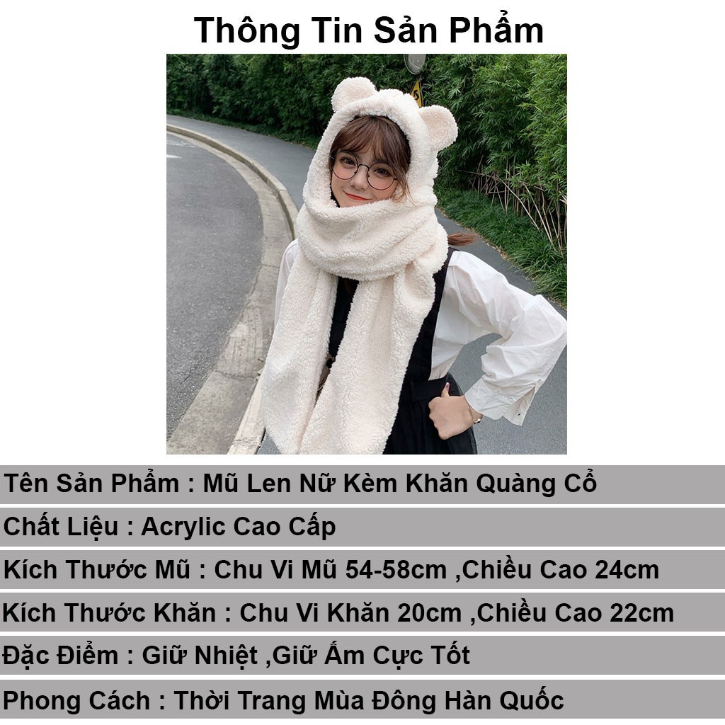 Mũ len nữ lông cừu tai gấu kèm khăn quàng cổ hàn quốc phong cách thời trang mùa đông giữ ấm dễ thương