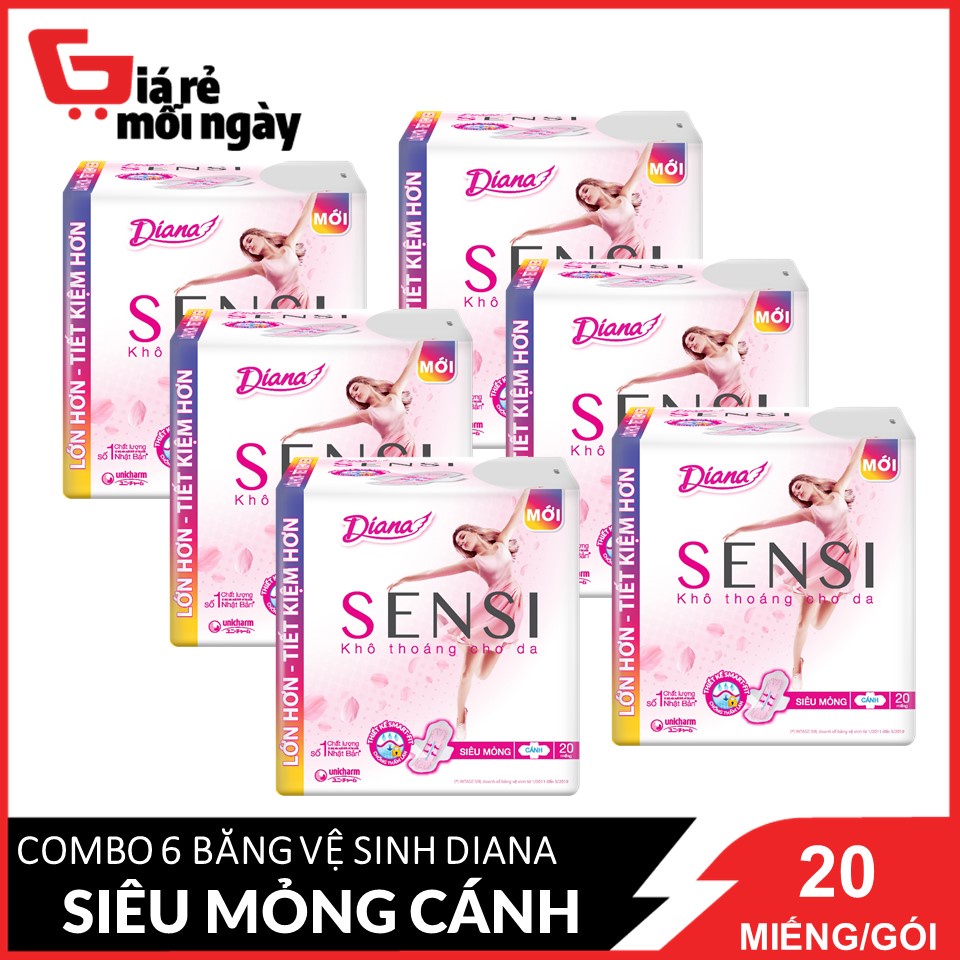 COMBO 6 gói băng vệ sinh Diana Sensi Siêu mỏng cánh 20 miếng/gói X6