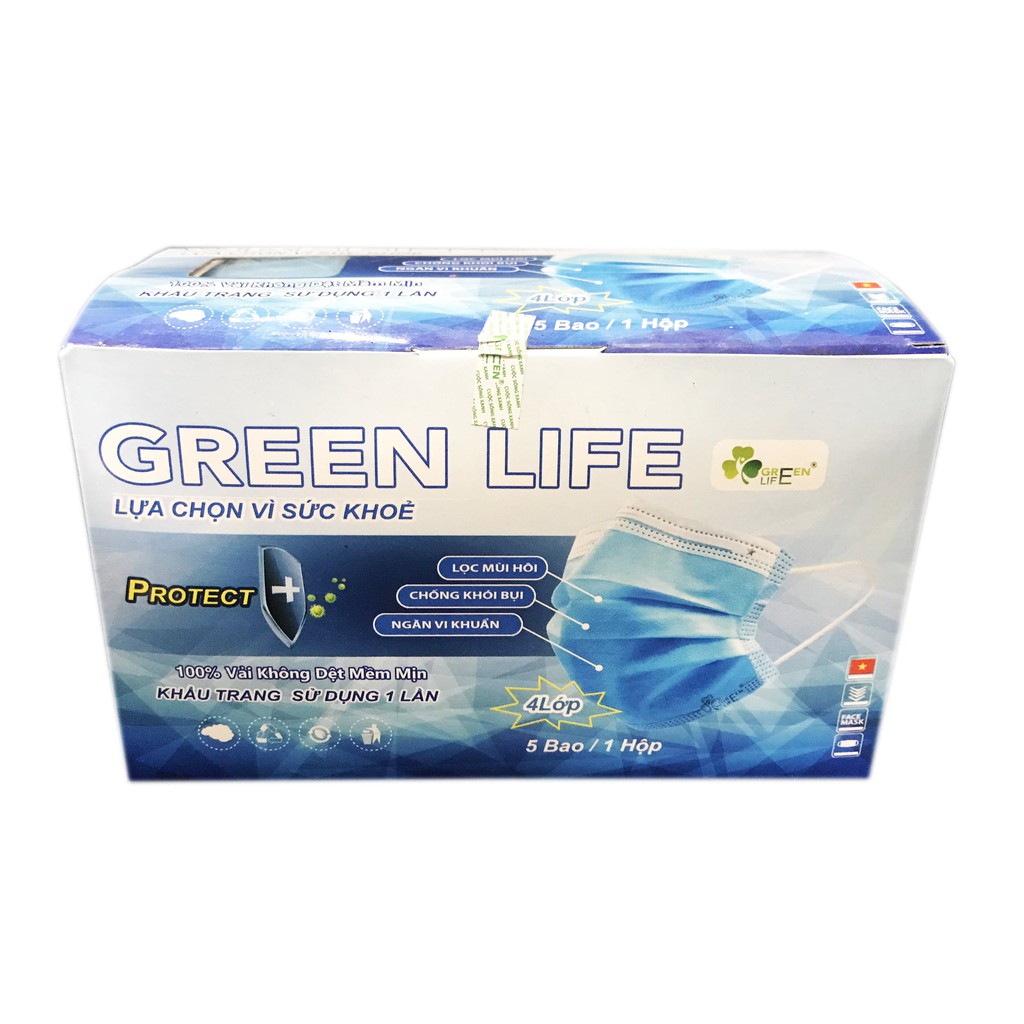 Khẩu Trang Y Tế 4 Lớp Vải không dệt Green Life - hộp 50 cái màu xanh