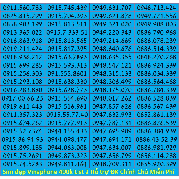 Số đẹp VINA Giá Rẻ 400k List 2 Miễn Phí Đăng ký Chính Chủ Được Hưởng Nhiều Gói Khuyến Mãi Của Vinaphone