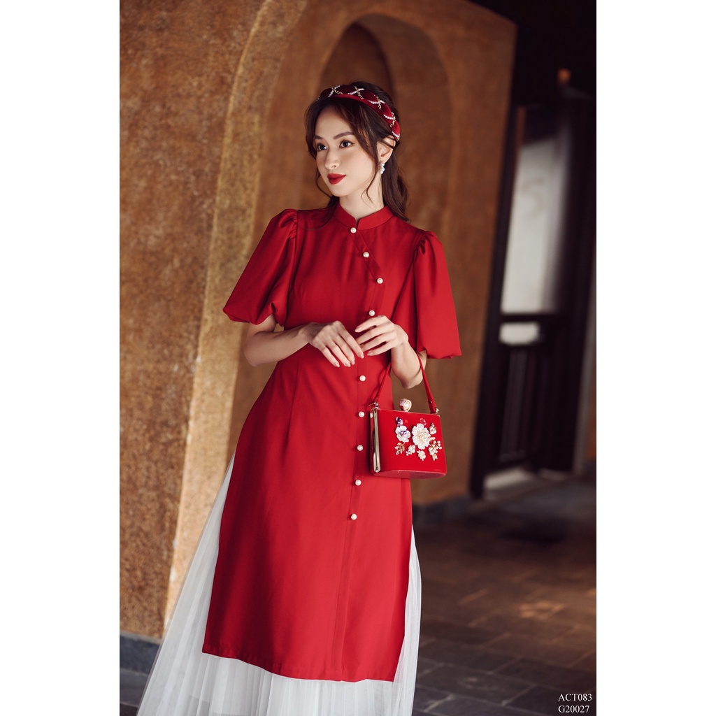 Áo dài cổ tàu nẹp phối đính ngọc tay bồng (không kèm quần) TIINSTORE ACT083