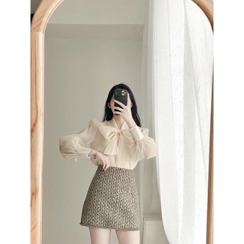 Áo Sơ Mi Dài Tay Nữ Form Rộng Vải Tơ 2 Lớp Thắt Nơ Công Sở