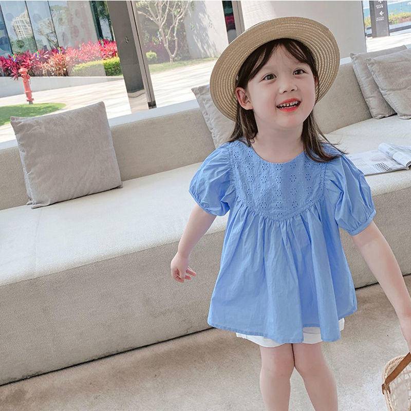 Áo cotton tay ngắn phồng mỏng phong cách nước ngoài Hàn Quốc mùa hè cho bé gái