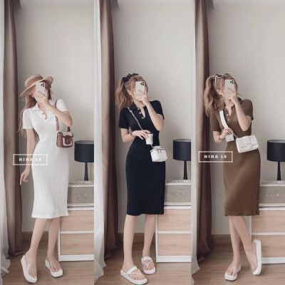 Váy tổ ong cổ bẻ khuy dáng bo eo nhẹ tôn dáng