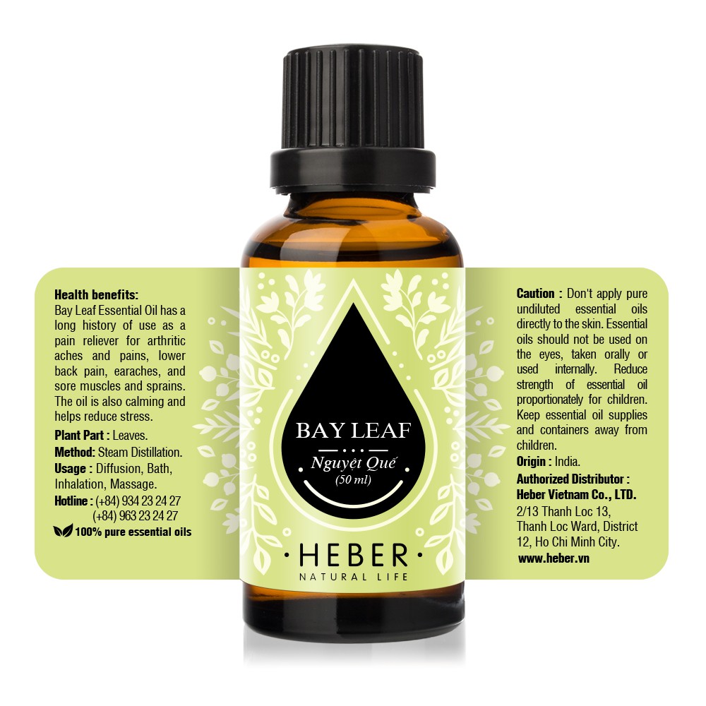 Tinh Dầu Nguyệt Quế Bay Leaf Heber Natural Life, Cao Cấp Nhập Khẩu, Thiên Nhiên Nguyên Chất, Chai 10ml/30ml/50ml