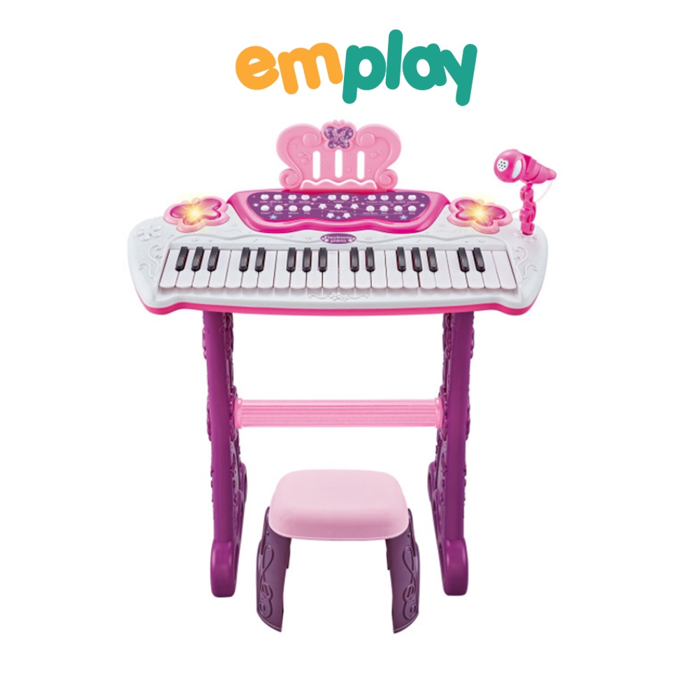 Đồ chơi đàn Piano điện tử màu hồng cao cấp cho bé Emplay cỡ to đại chân cao họa tiết cánh bướm có ghế ngồi và micro