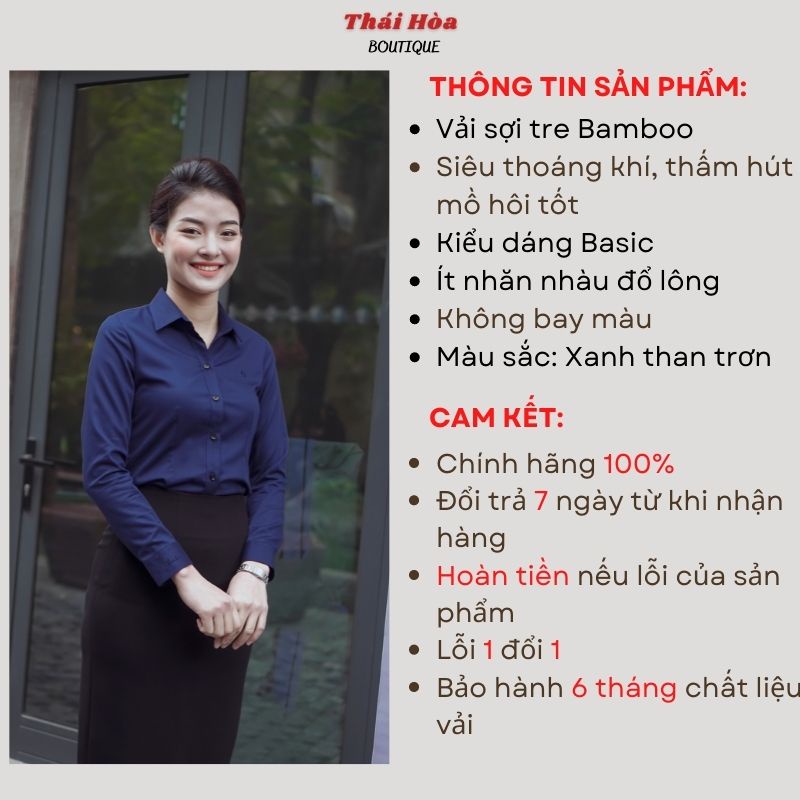 Áo sơ mi nữ cao cấp công sở kiểu dài tay vải sợi tre màu xanh than Thái Hoà 8919-09-01