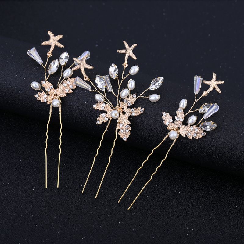 3x Bride Hairpins Golden Leaf Starfish Star Decoration U Shape Wedding