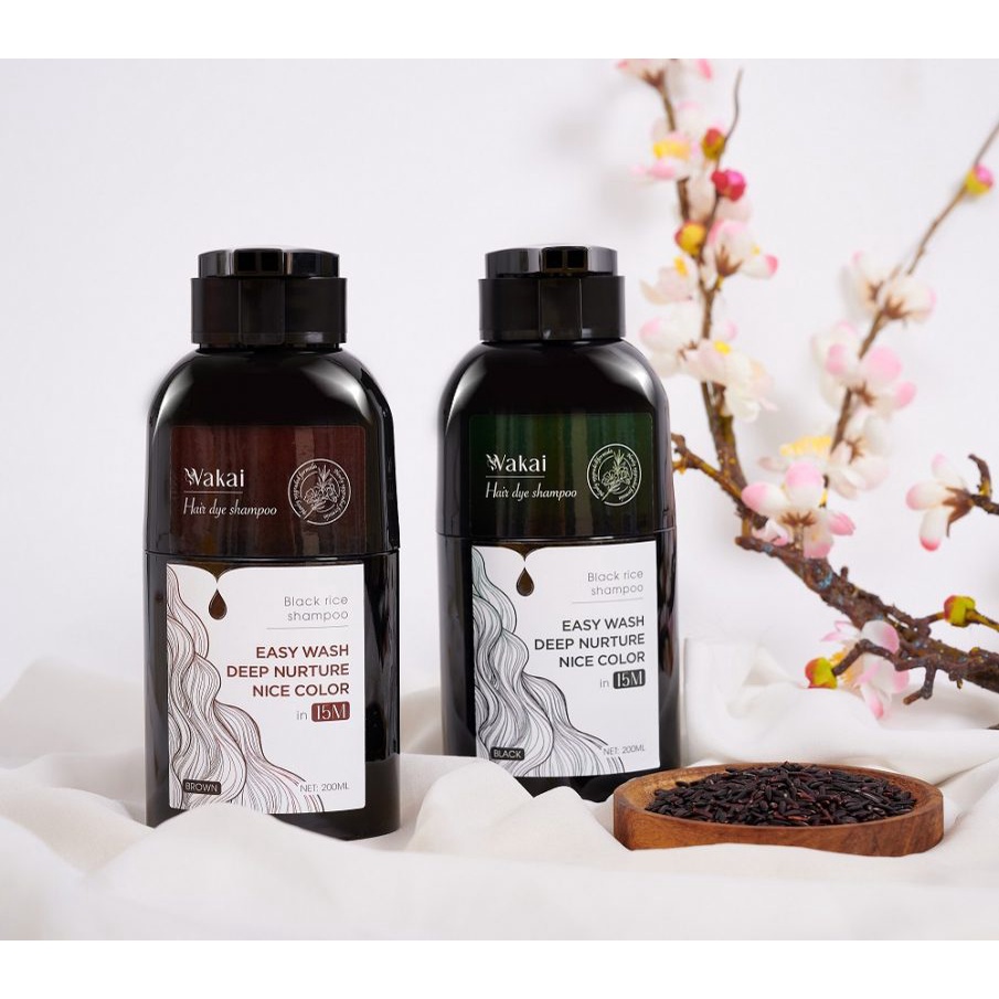 Dầu gội nhuộm tóc thảo dược Nhật Bản Wakai, dầu gội phủ bạc, dầu gội đen tóc và nâu tóc chỉ sau 1 lần gội 15 phút 200ml