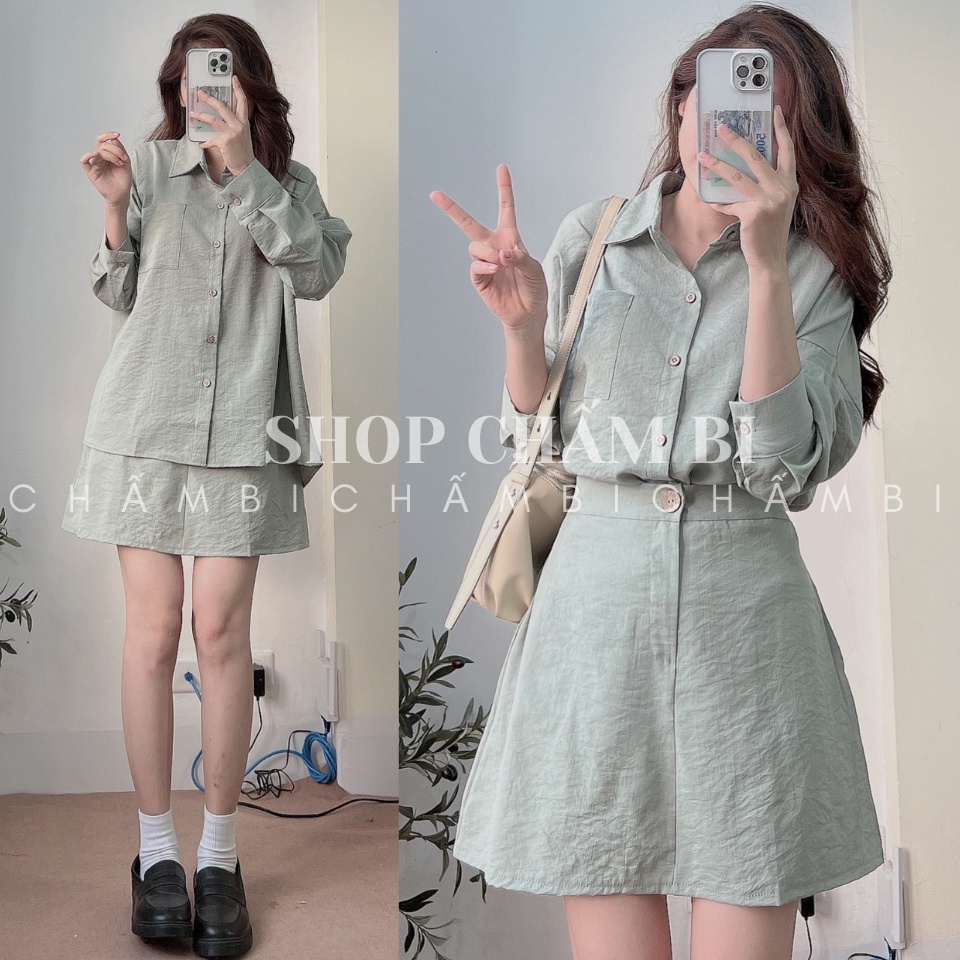 Set bộ nữ xinh S.071, Set áo sơ mi dài tay cổ đức form rộng và chân váy chữ A chun sau cực xinh