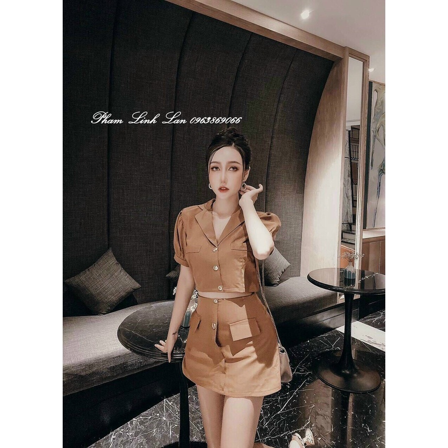 Set váy nút nâu thiết kế, set áo cổ vest tay búp croptop mix chân váy nắp túi dự tiệc sang trọng