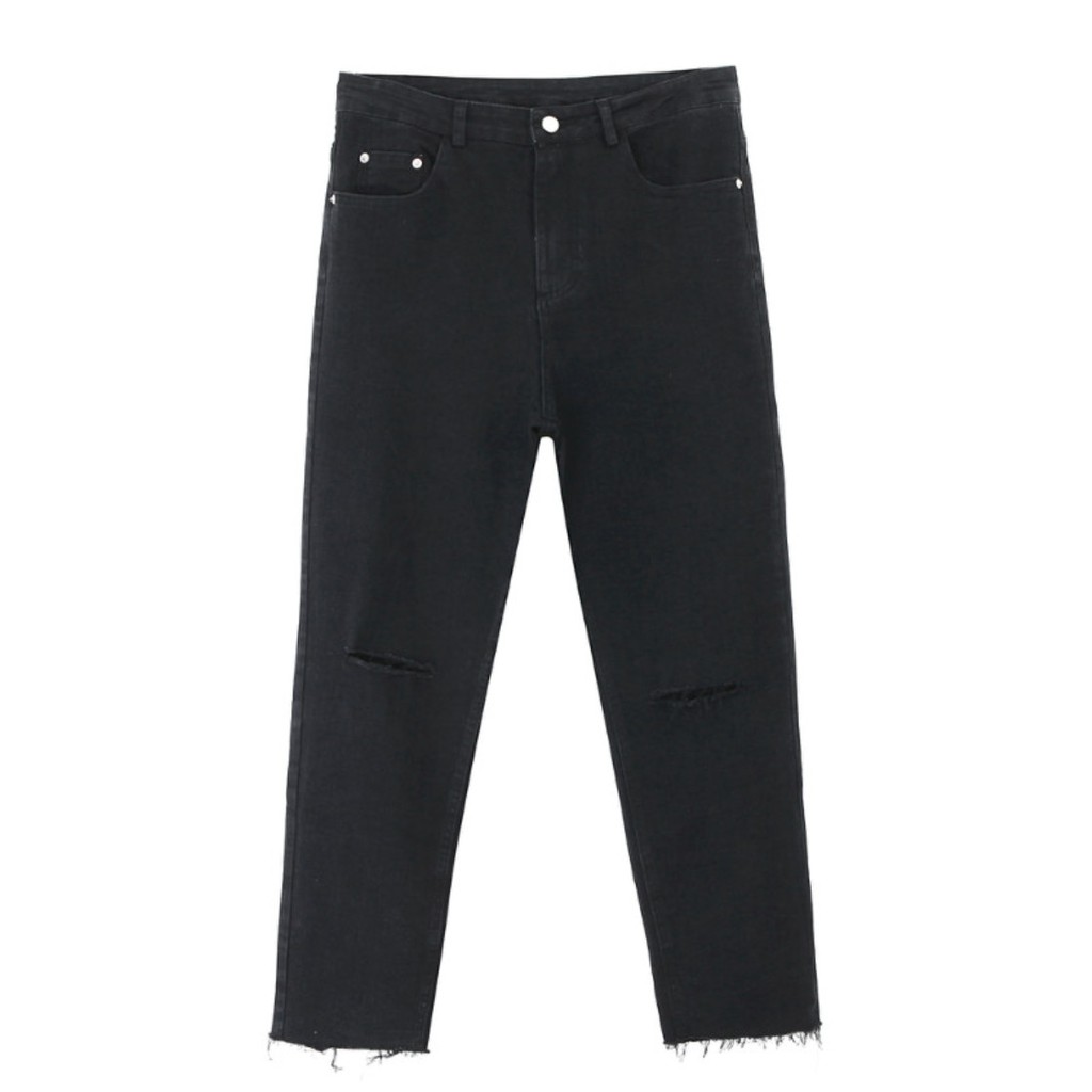 [Tiền Nào Của Đấy]Quần Jean Baggy Nam Rách Gối Ống Rộng Đen Trơn Không Phai Màu Vải Co Giãn-B06