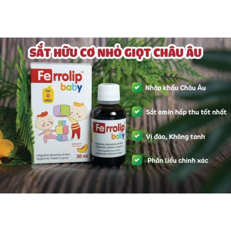 Sắt cho bé Ferrolip baby , sắt hữu cơ dạng siro nhỏ giọt nhập khẩu Italya , vi đào thơm ngon lọ 30ml - Chính hãng NTTH