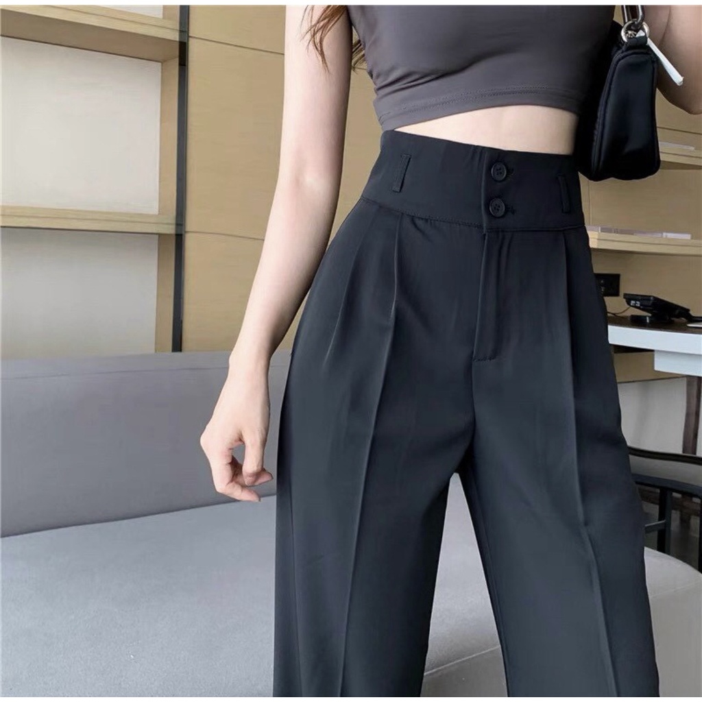 Quần ống suông nữ rộng lưng cao kiều Hàn Quốc, Quần ống rộng nữ cạp cao 2 khuy nữ đi học làm công sở vải tuyết mưa mềm