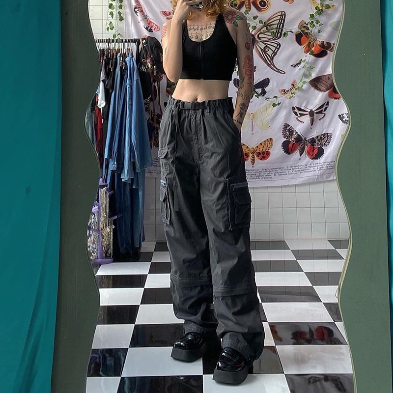 OKDK-Quần denim lưng cao nhiều túi màu trơn thời trang cho nữ