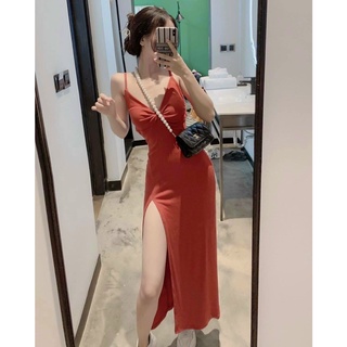 đầm thun lụa 2 dây có mút cột ngực xẻ tà sexy l