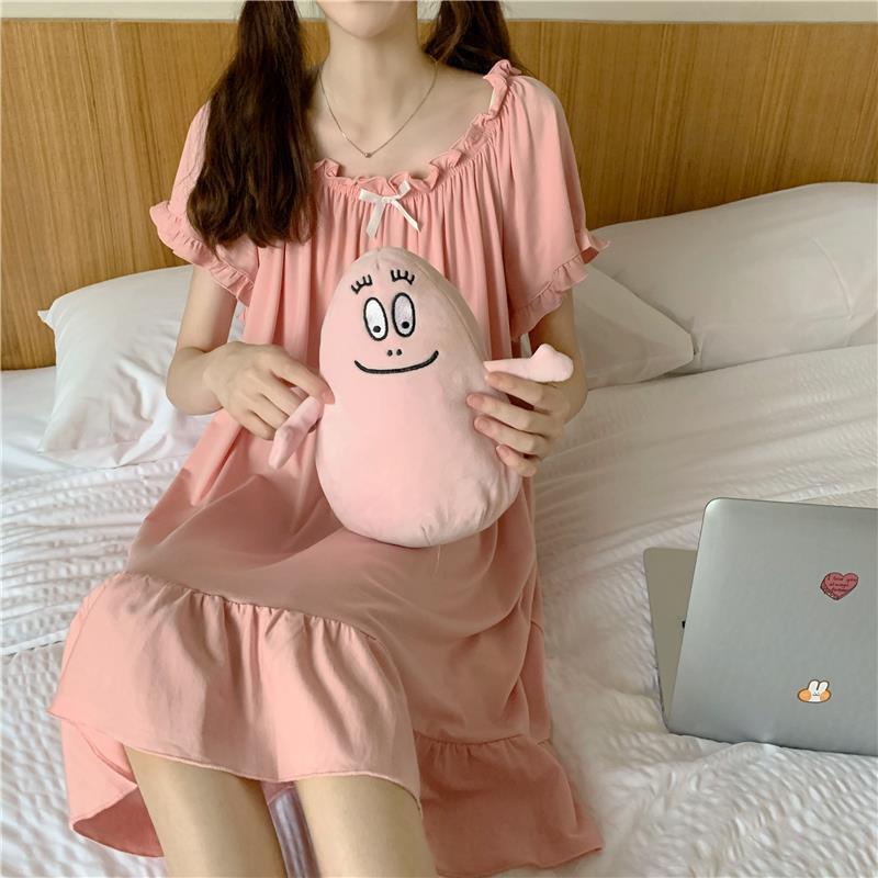 Đầm Ngủ Màu Sắc Trơn Đính Nơ Xinh Xắn Thời Trang Mùa Hè Hàn Quốc Cho Nữ