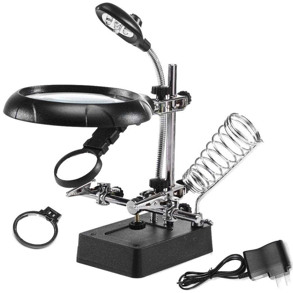 Kính lúp kẹp mạch điện 3 kính 5 đèn led gác mỏ hàn dùng nguồn AC-DC