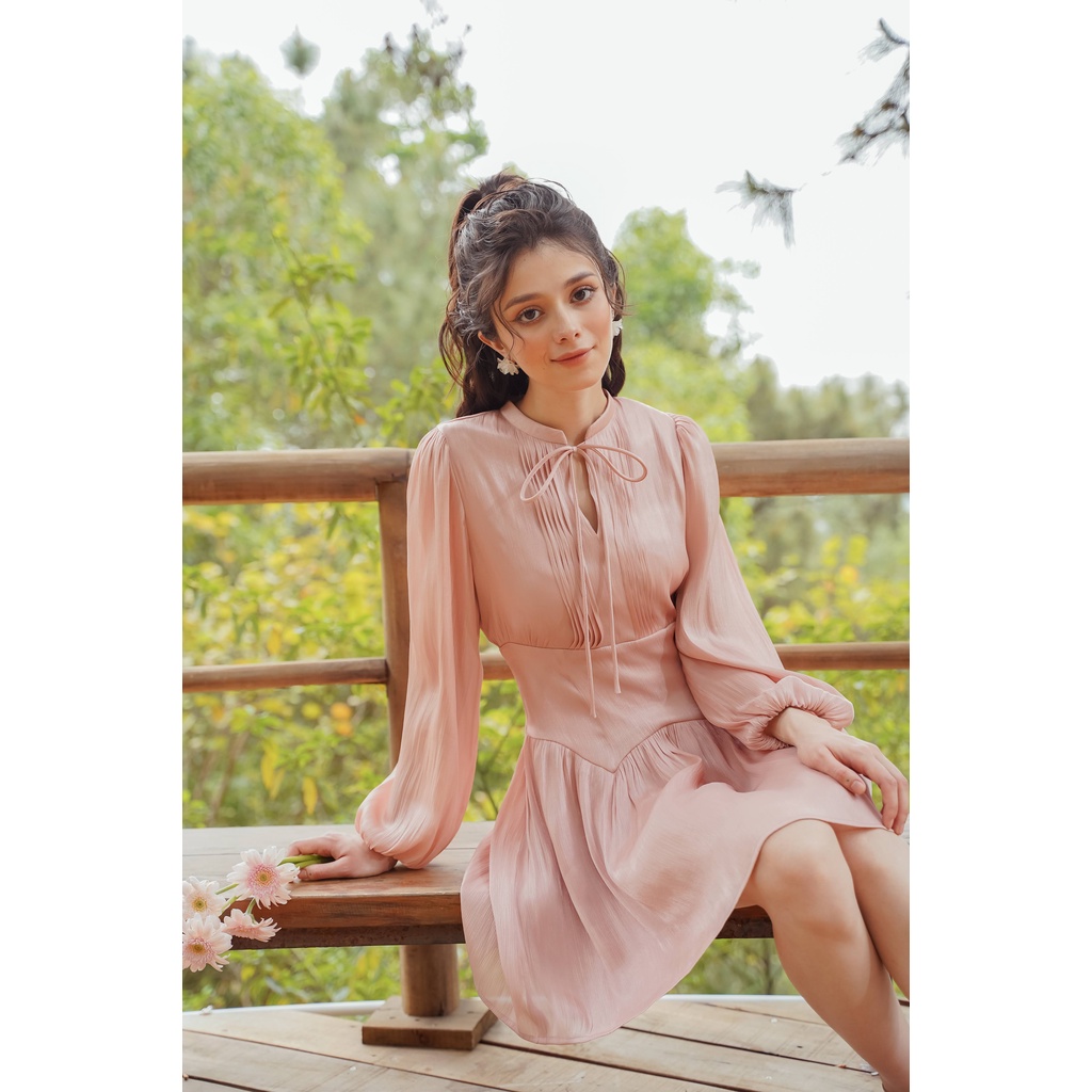 Váy liền nữ Méo shop cổ nơ bo eo dáng xoè đầm dài tay Libern