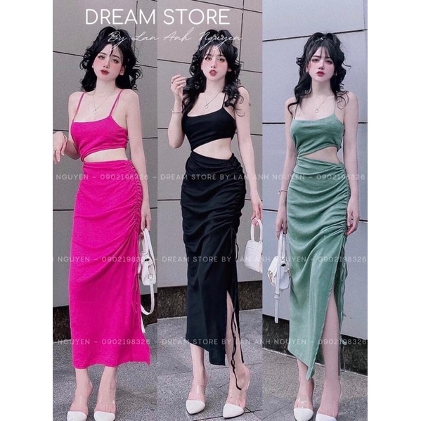 Đầm 2 dây khoét eo nhúng một bên