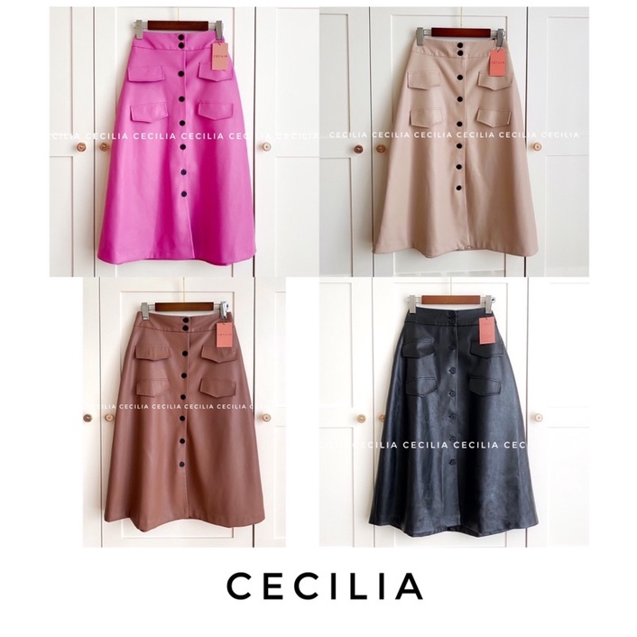Chân váy da OLIVIA By CECILIA size S M L XL - Dài 70cm, dáng A Midi - có túi hông