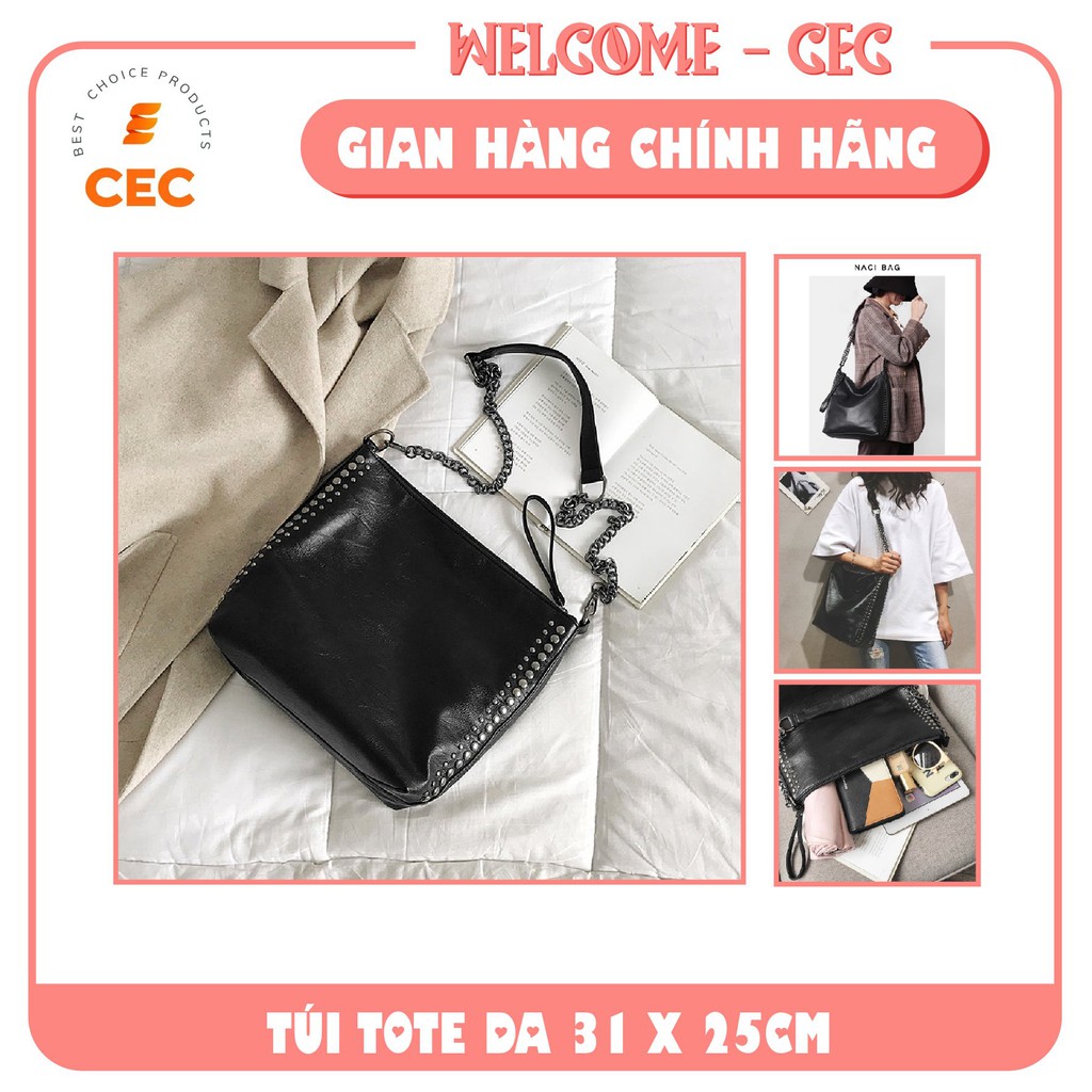 Túi Tote Da Cao Cấp Hàn Quốc - Túi Đeo Vai Cho Nữ 31x25cm họa tiết đinh tán và xích trẻ trung năng động [CEC Store]