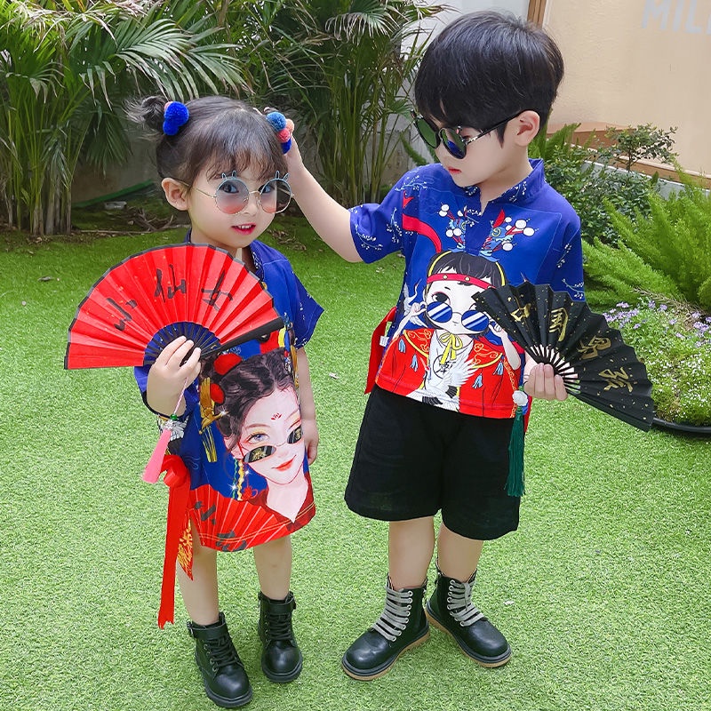 Áo Thun Tay Ngắn In Họa Tiết Phong Cách Trung Hoa Thời Trang Cho Bé Trai Và Gái