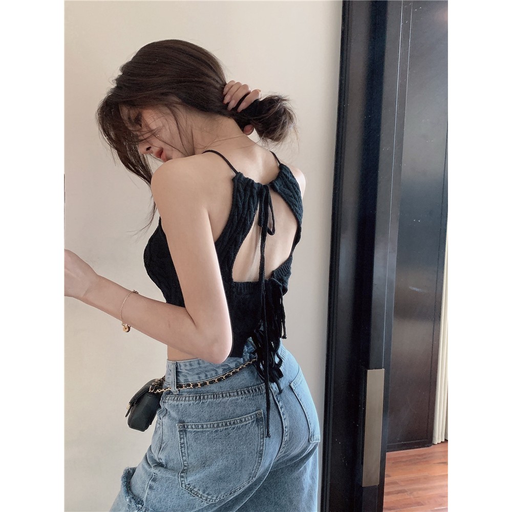 Áo Hai Dây Dệt Kim Dáng Ngắn Phong Cách Âu Mỹ Cá Tính Cho Nữ