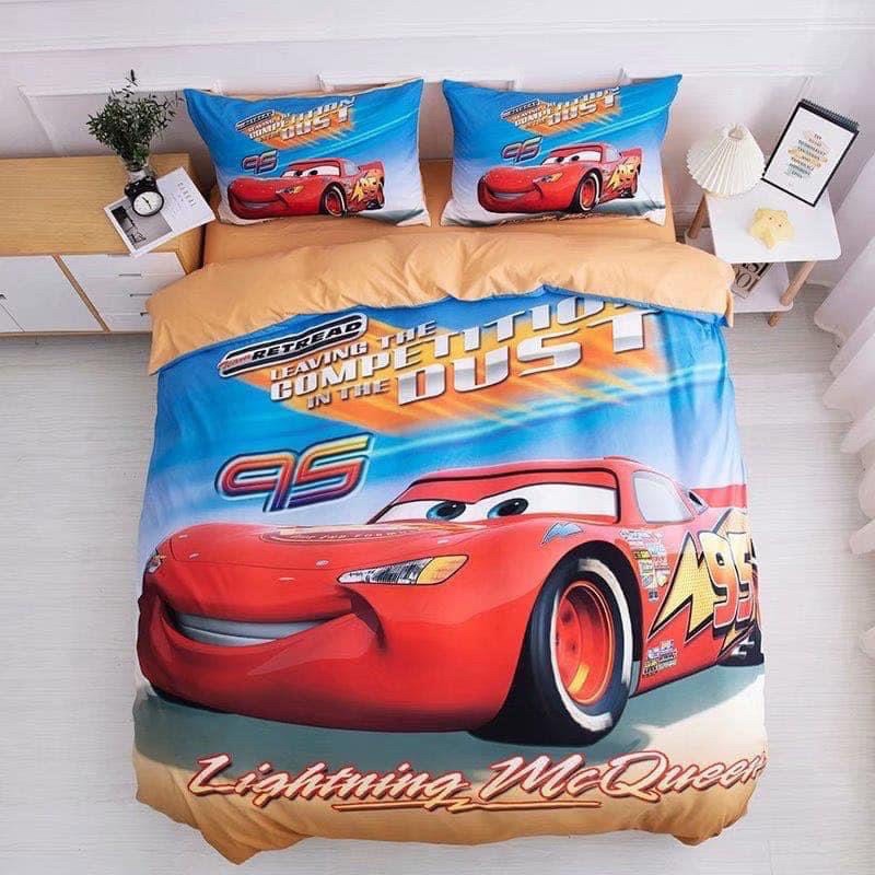 Bộ Chăn Ga Gối Cotton Hoạt Hình 3D Ô Tô